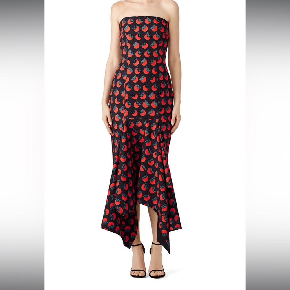 SOLACE LONDON Dorado black red half moon geometric strapless mermaid dress